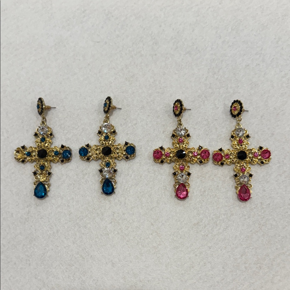 Elegant Gold and Gemstone Cross Earrings